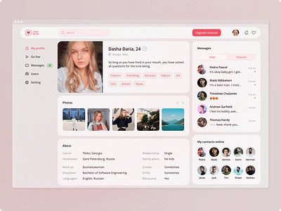 User Profile Page - Daily UI Challenge 006 006 clean dailyui dailyuichallenge dating day006 design figma minimalism pink profile profilepage screen ui user profile ux web webdesign website website design