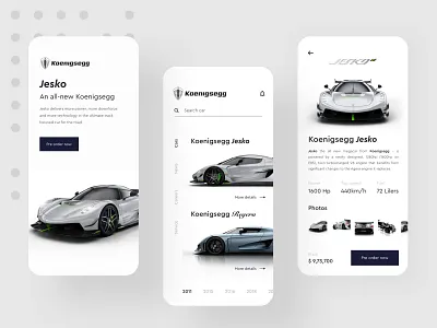 Koenigsegg - App Design Concept add to cart car app career koenigsegg koenigsegg jesko koenigsegg regera mobile news onboarding online car online shopping online store order pre order product design product details product overview search speed support
