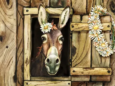 Donkey on the farm, watercolor clipart straw