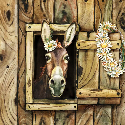 Donkey on the farm, watercolor clipart straw