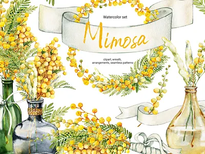 Mimosa flowers, watercolor clipart yellow