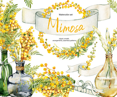 Mimosa flowers, watercolor clipart yellow