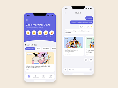 AI Chatbot - Mental Health App ai ai chat ai chatbot app ui chat conversations discussions figma illustrations mental health mindfulness mobile cards ui user interface