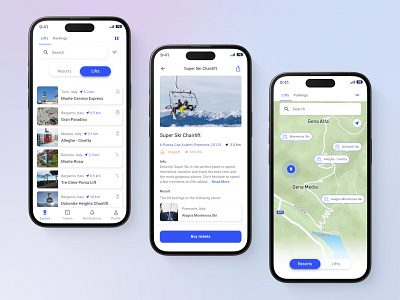 Search for ski lifts & purchase the tickets! app application buy ticket design listview locations map mapview mobile app parking app search ski app skiresort tag ticket purchase app uiux