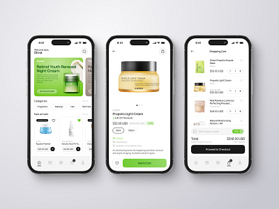 Cosmetics e-commerce mobile app design. account settings add card app beauty cart checkout cosmetics design e commerce ios iphone 14 pro mobile order order tracking product details scan search shopping ui ux