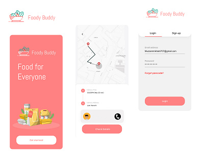 FoodyBuddy Mobile Application beautiful design bold color schemes branding creative visuals design engaging animations food food delivery app graphic design high quality graphics map mobile mobile application online food order order tracking typography ui user centered design