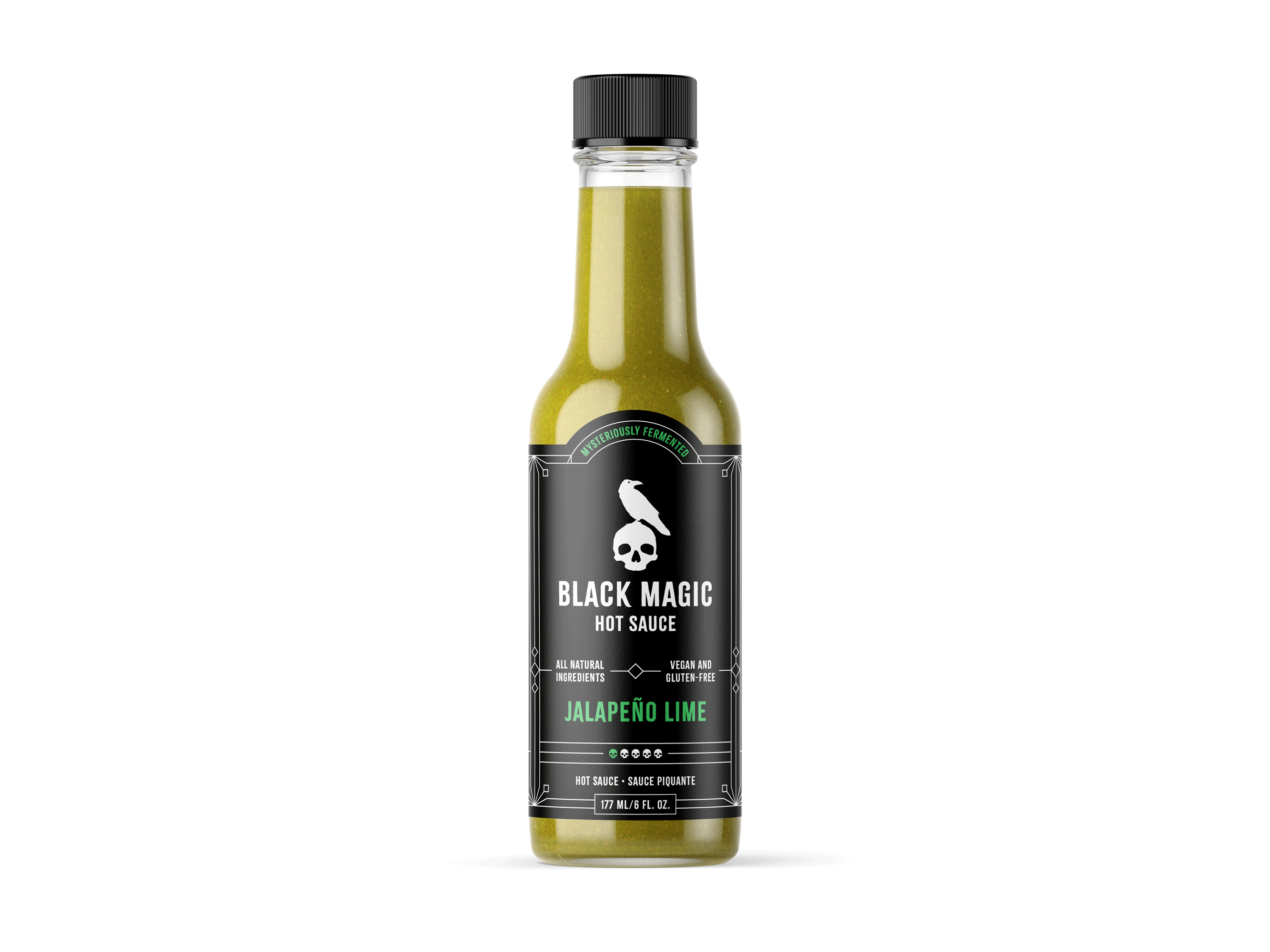 Black Magic Hot Sauce – Jalapeño Lime branding for sale goth hot sauce identity japaleno label lime logo packaging raven skull