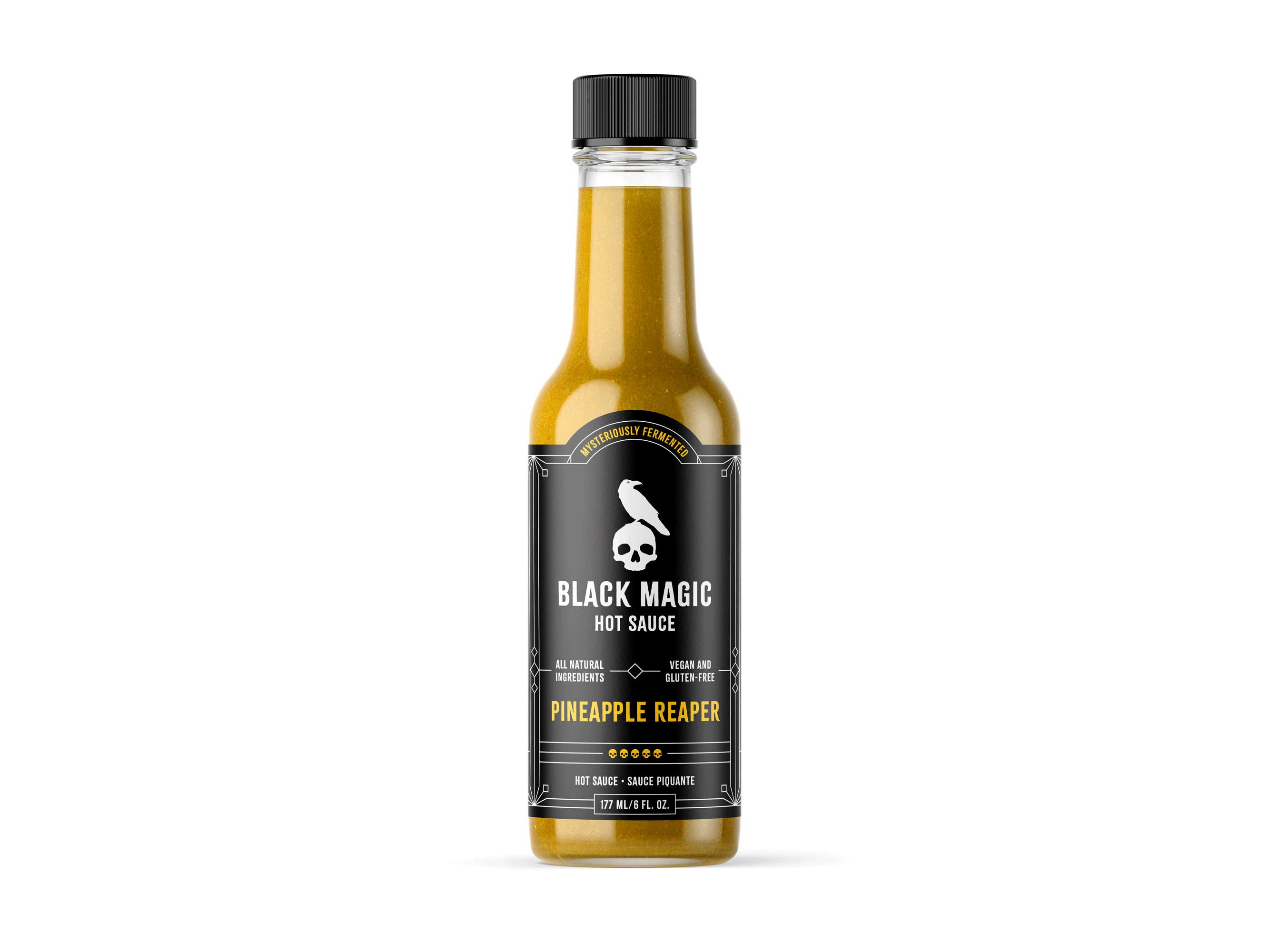 Black Magic Hot Sauce – Pineapple Reaper branding for sale goth hot sauce identity label logo packaging pineapple raven reaper skull