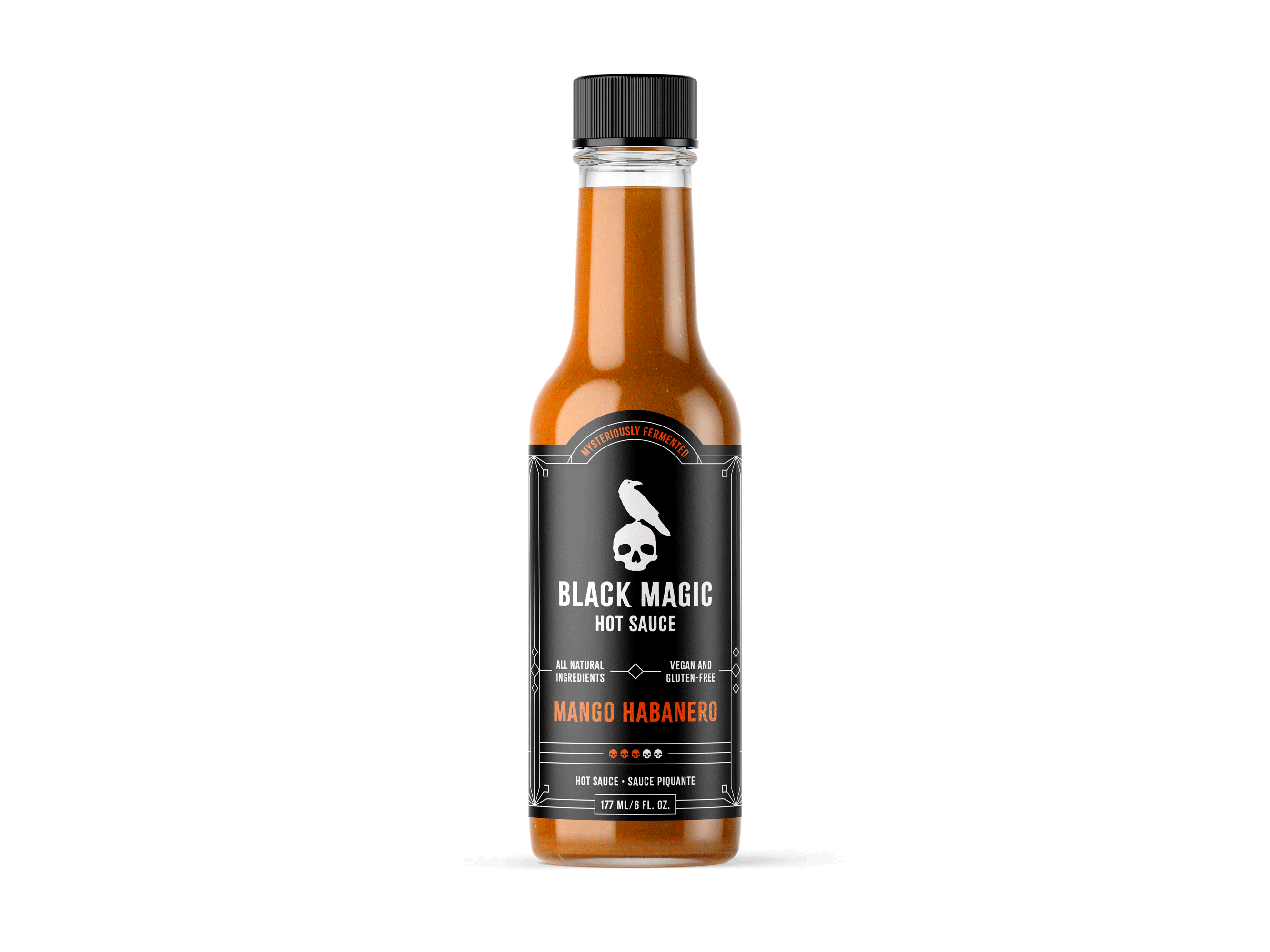 Black Magic Hot Sauce – Mango Habanero branding for sale goth habanero hot sauce identity label logo mango packaging raven skull