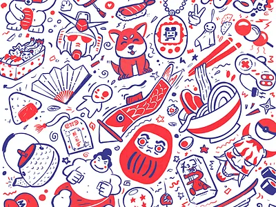 Icons from Japan anime bento daruma dragonball flat design food illustration japan manga nintendo pokemon procreate ramen robot sushi