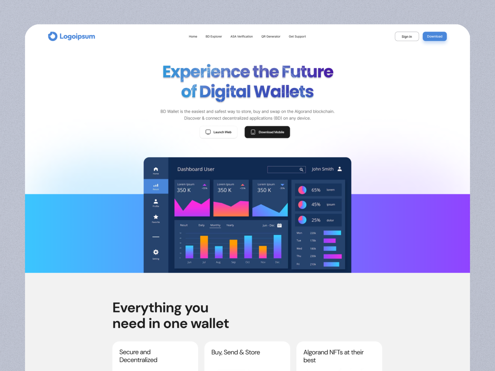 Digital Wallet Landing Page UI Design banking bitcoin blockchain coins cryptocurrency currency digita ecommerce ethereum finance fintech landing page litecoin marketcap metamask minimal money transaction wallet web ui