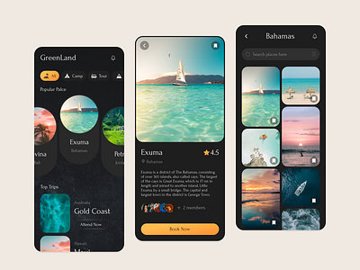 GreenLand avatar bookmark category chip dark mode gallery member mobile pdp plp product design product detail page product listing page search search box tab travel travel app ui ux web design