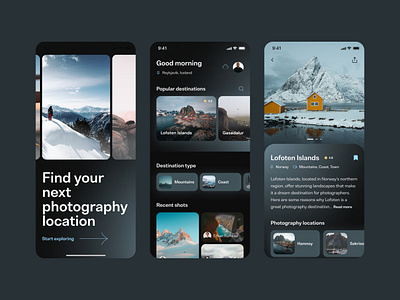 PhotoScout - Photography App app design dark ui mobile app photography product design ui ui design
