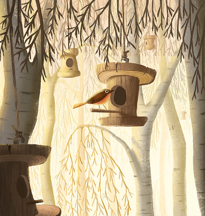 The forest landscape birch birdhouse birds drawing forest forest landscape graphic design illustration landscape morning procreate spring sunny morning wood