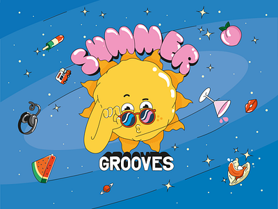 SUMMER GROOVES PARTY POSTER bubbly colourfull design drinks event fun ice cream illustration music party retro space subglasses summer sun vector