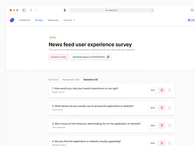 Wayyy - Questions list edit header list minimal overview ui web app