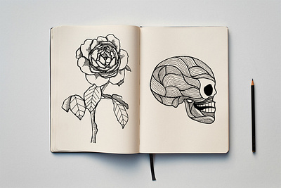Sketchbook #1 hand drawn illustration line art rose skull