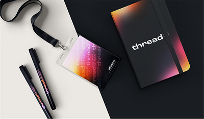 Thread World Tour — Swag brand design branding conference custom swag design event event merch event swag gradient lanyard marketing merch design notebook pens promotional products screens sms swag swag design text messaging