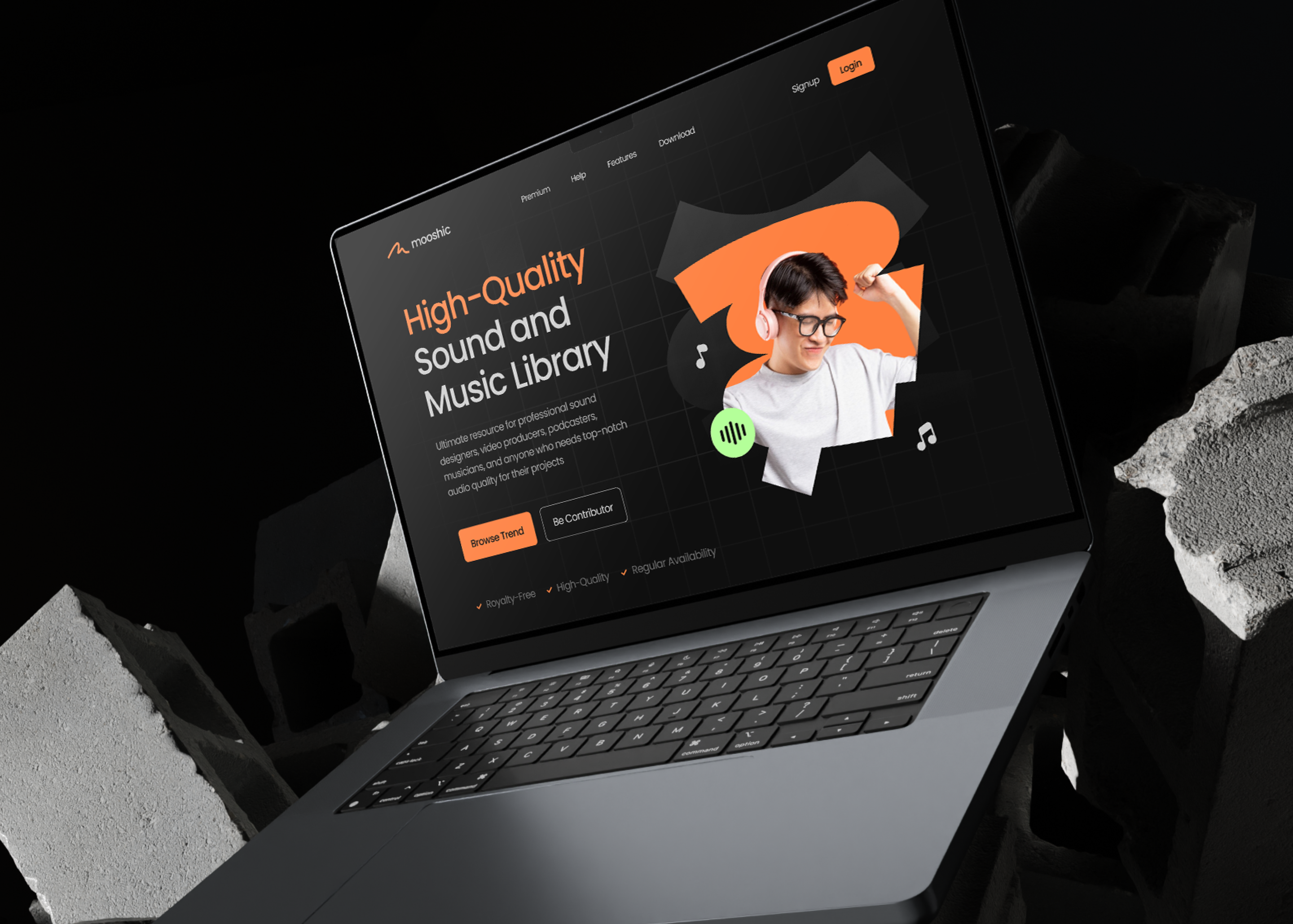 Mooshic - Sound & Music Library branding clean website concept dark mode design figma homepage landing pages logo mobile ui music apps music library responsive sound and music library sound apps ui user interface