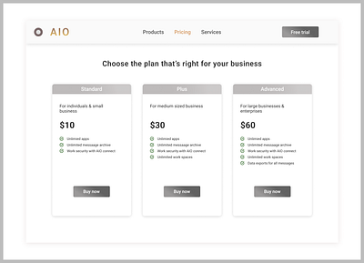 Pricing page of SaaS Startup design ui