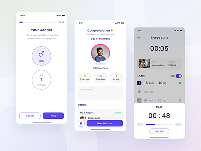 FitFe - Onboarding, Complete Workout, and Rest android app clean design exercise fitness gender gym ios mobile performance profile sport statistic tracker ui uiux ux welness workout