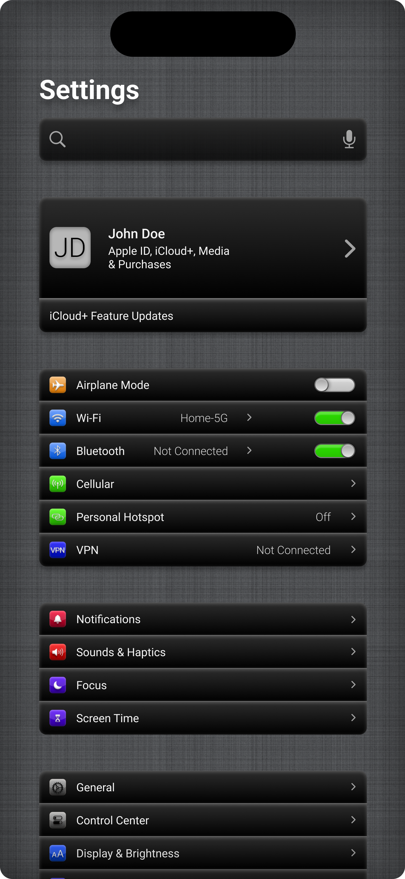 Skeuoflat Settings iOS (iPhone 14 Pro) dark dark mode depth figma highlights shadows skeuoflat skeuomorphic skeuomorphism ui