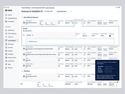 Project Budget - Job Costing & Actual (SaaS Web App) accordion actuals admin app bill budget contractor contstructor details estimate expand invoice job costing labor management note payment saas sidebar web