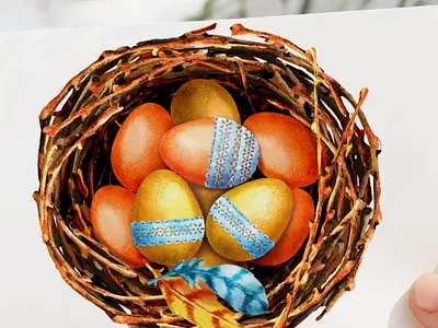 Bird's Nest with Painted Easter Eggs illustration