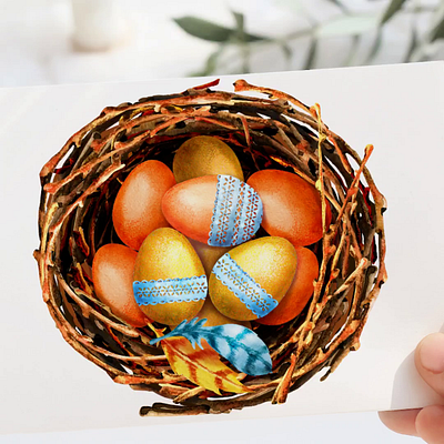 Bird's Nest with Painted Easter Eggs illustration