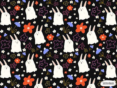 Bunny and flowers pattern bunny cute design easter fabric design flowers illustration illustrator pattern pattern design photoshop pink rabbit surface pattern designer