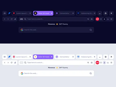 Browser Header | Light & Dark Mode dark mode header icons light mode search bar tabs ui web design