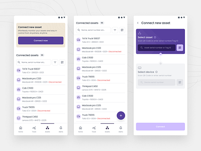 An application for connecting and tracking your assets - Mob UI adobexd android b2b b2c design design system figma illustration logo mobile application purple saas ui ui designers user experience user interface ux web application