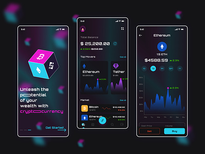 Cryptocurrency trading mobile app buttons card carousels cryptocurrency cta dark mode data vizualization design graphs home page icons illustration logo mobile app navbar profile refresh stats stock market ui