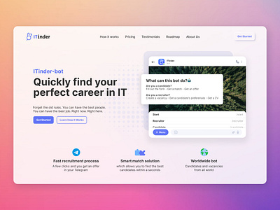 ITinder bot app blue bot clean figma icons illustration jobs landing logo minimalism search tags telegram ui webapp website