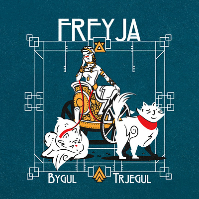 Freyja, Bygul & Trjegul affiche art deco cat cats chariot feline goddess illustration illustrator minimalist mythology norse pattern poster texture vector vintage