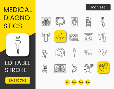 Medical diagnostics set of line icon electroencephalogram