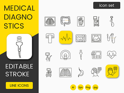 Medical diagnostics set of line icon electroencephalogram