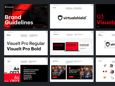 VirtualShield - Brandbook 3d art direction brand brandbook branding dark font graphic design guidelines layout logo madebyproperly network properly protection red security shield virtualshield vpn