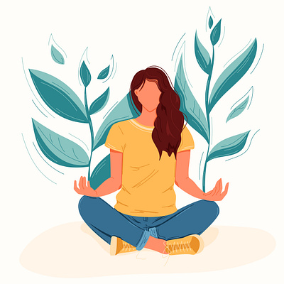 Relax to breath girl illustration lotus pose meditating mindfulness relaxing take a breath vector