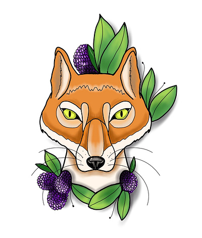 Fox. berries digital digitalart drawing flash floral fox leaves nature tattoo