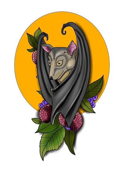 Bat. bat bats berries design digital digitalart drawing flash fruit fruit bat leaves nature tattoo