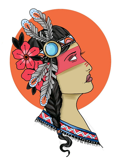 Native American. design digital digitalart drawing face feathers flash floral flowers lady native american tattoo tribe woman