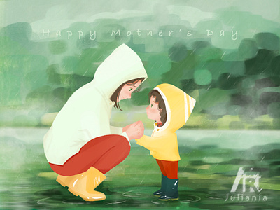 Warm rainy day cartoon character design child cute daughter design girl green happy illustration mother mothersday parent rain rainyday together warm woman
