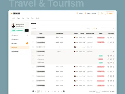 Visa application | Travel & Tourism booking dashboard status table tourism travel visa visa application