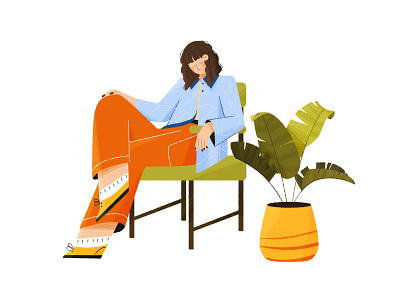 Feeling sleepy 💤 2d adobe chair character design design digital art editorial illustration flat girl graphic design illustration interior people photoshop plant texture woman