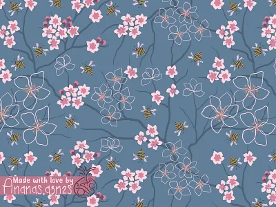 Cherry blossom and the bees🌸🐝 2d illustration adobe illustrator bee bee pattern blue cherry blossom floral flower pattern illustration nature pink pink flower sakura sakura pattern seamless pattern spring summer surface pattern design vector yellow