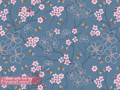 Cherry blossom and the bees🌸🐝 2d illustration adobe illustrator bee bee pattern blue cherry blossom floral flower pattern illustration nature pink pink flower sakura sakura pattern seamless pattern spring summer surface pattern design vector yellow