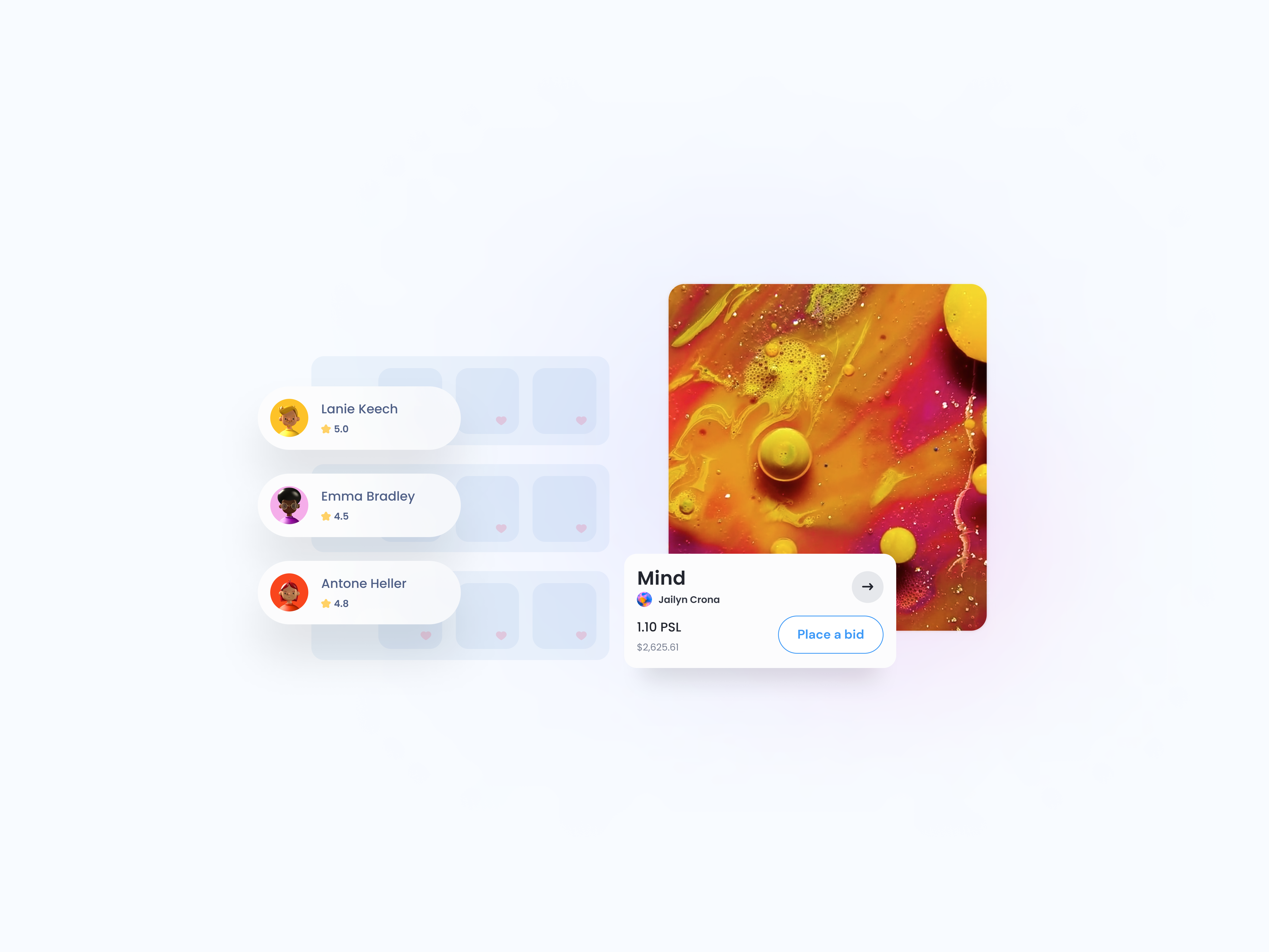 Place a bid arrow bid btn button card clean design desktop floor hover illustration muzli next nft sergushkin state thumbnail ui ux web