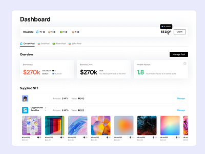 Dashboard borrow borrowed card cards crypto dashboard land nft nfts ocean overview pool pools punks rewards sea send sendbox sergushkin supplier