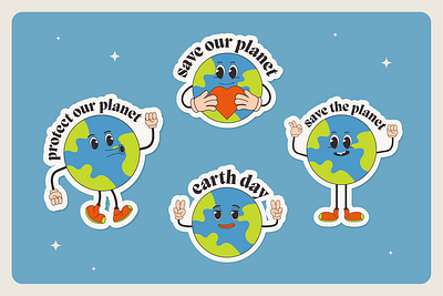 Retro groovy earth cartoon character sticker. Earth Day. 70s cartoon character earth earth day eco environment globe green groovy retro sticker